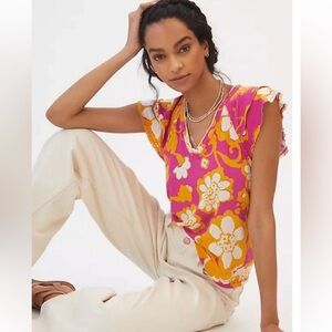 Anthropologie Small Floral Ruffle-Sleeved Top